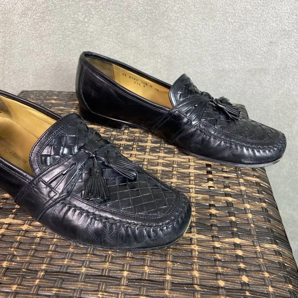 Johnston Murphy Mens Loafers Leather Black Dress Shoes 10.5M Woven Tassel